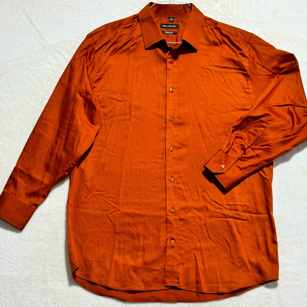 BELLISSIMO TANGERINE COLORED MEN’S LONG SLEEVE BUTTON UP POLO SHIRT